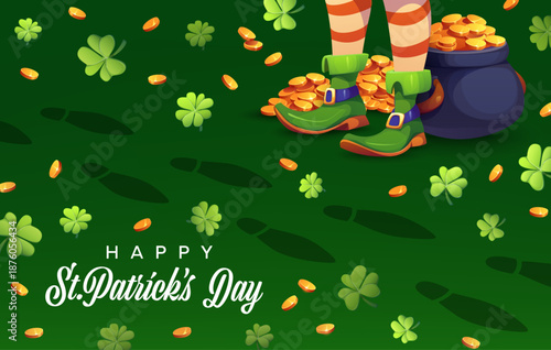 Leprechaun footprints, festive St Patrick day greeting card, featuring leprechaun legs, pot of gold, clovers, golden coins and playful footsteps, capturing joyful and lucky spirit of Irish celebration
