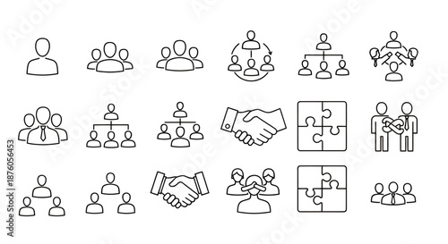 Set of simple black line icons representing teamwork and collaboration concepts.