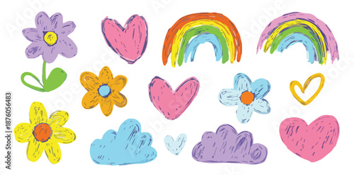 아이들의 그림처럼 귀여운 꽃, 하트, 구름, 무지개 일러스트 모음