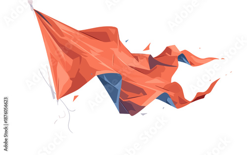 하늘에 펄럭이는 주황색 깃발, 바람에 흩날리는 천 조각, 흰색 배경의 추상적인 디자인