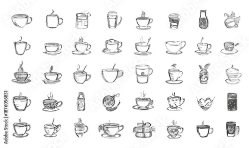 다양한 컵에 담긴 따뜻한 음료의 손그림 일러스트 컬렉션, 투명한 배경에 배치됨