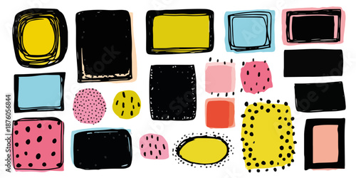 다양한 색상과 패턴의 추상적인 기하학적 모양 모음, 투명한 배경에 배치