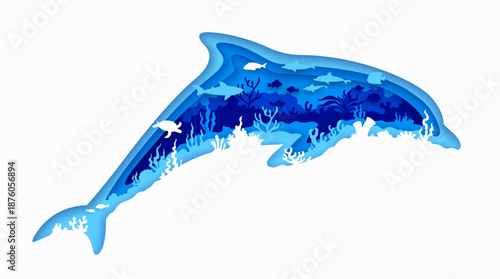 Paper cut dolphin silhouette with sea animals, underwater landscape and seaweeds. 3d vector frame in shape of the ocean animal body with marine reef scene of aquatic fish shoal in blue water depth