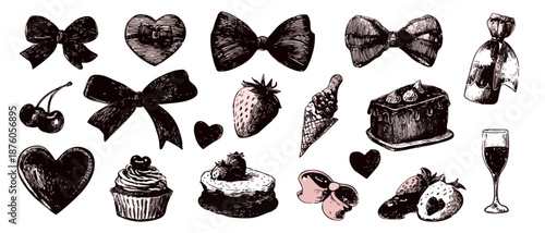 다양한 디저트, 리본, 하트, 과일, 아이스크림, 케이크, 컵케이크, 와인잔 일러스트 모음