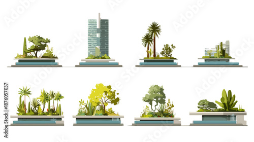 다양한 현대 건축물과 조경 디자인의 조합을 보여주는 일러스트레이션 모음