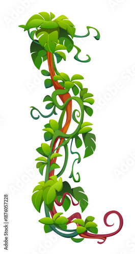 Vertical tropical jungle rain forest liana vine branch. Cartoon vector leaves and hanging roots. Amazon rainforest flora, tree plant thicket, forest climbing green foliage, spinney, tropic nature