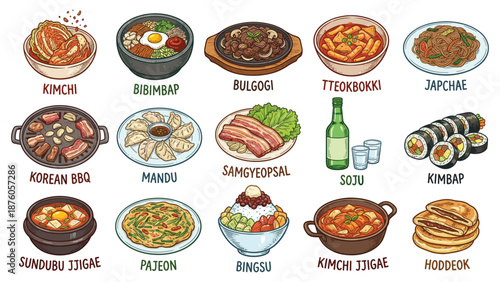 Assorted Korean dishes displayed on various plates and bowls, showcasing traditional cuisine