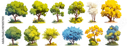 다양한 색상과 모양의 나무 일러스트 세트, 투명한 배경에 자연의 아름다움을 담았습니다.