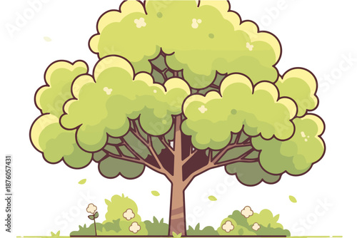 투명한 배경에 그려진 싱그러운 녹색 나무와 들꽃, 봄의 생명력이 느껴지는 일러스트