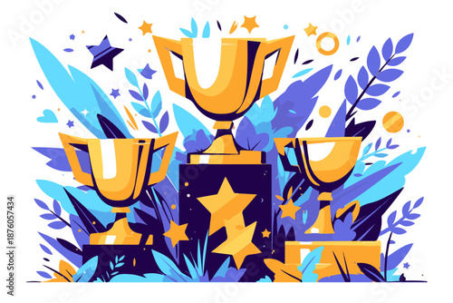 금색 트로피가 놓인 시상대와 화려한 배경, 성공과 성취를 상징하는 일러스트.