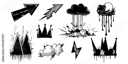 다양한 검은색 그래픽 아이콘 모음: 화살표, 왕관, 폭발, 번개, 산