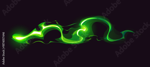 Cartoon green glowing game magic power wave, wizard glow vfx light effect, fantasy spell energy. Vector abstract smoke flow with neon sparkle, dust trail and glow. Soecerer magical attack stream