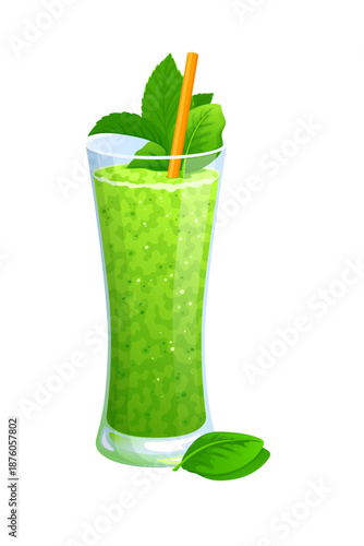 Green vegan smoothie drink. Tall glass filled with thick green smoothie decorated with fresh mint leaves and yellow straw. Vector cartoon drink for detox diet, organic food and healthy drink menu