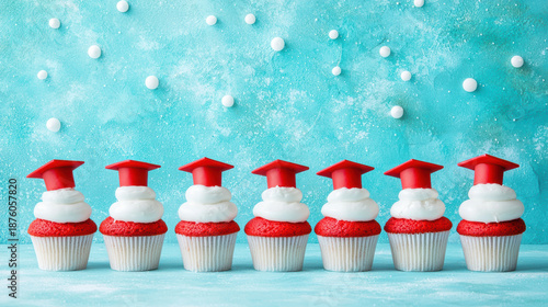 Graduation cupcakes with red velvet base and white frosting topped with red caps arranged in row on blue textured background with white sprinkles