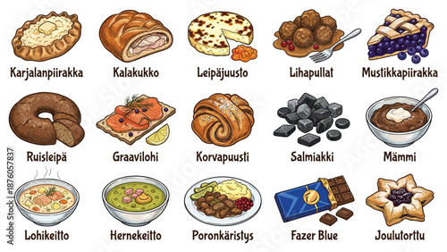Assorted Traditional Finnish Pastries and Desserts Displayed on a White Background