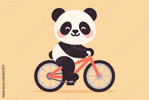 Cartoon panda riding red bicycle with smiling face and pink cheeks on light beige background.