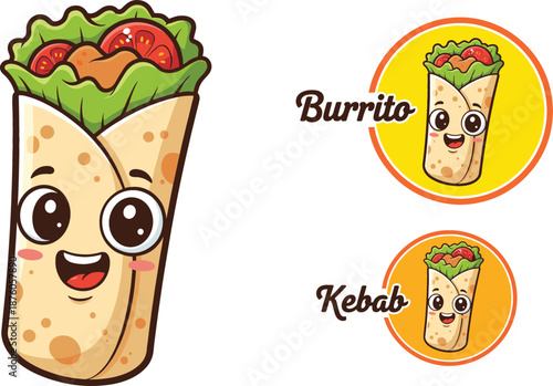 Cute cartoon food wrap mascot character featuring happy smiling face for burrito kebab and shawarma fast food restaurant branding and sticker designs