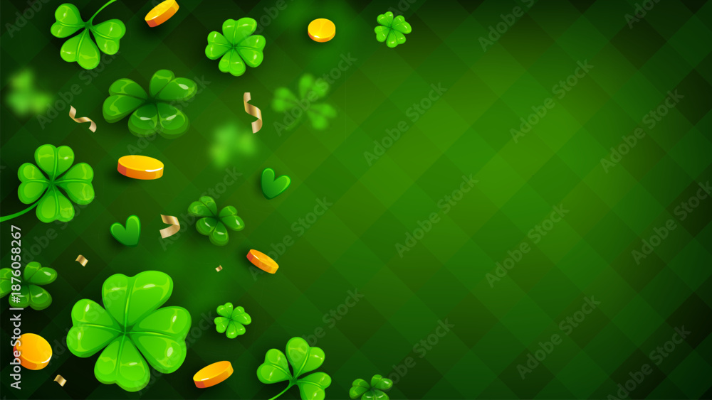 Naklejka premium Happy St Patrick day holiday background with shamrock clover and leprechaun gold coins, vector banner. Saint Patrick Irish holiday background with plaid pattern and splash of shamrock clovers