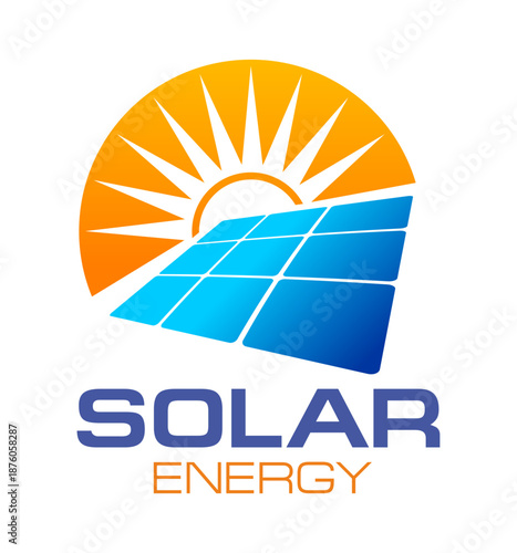 Solar energy technology icon with radiant sun rays, blue solar panel and professional typography. Abstract vector renewable power emblem featuring orange sunshine burst for electric industry