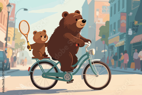 Two cartoon bears riding bicycle together in busy city street, one holding tennis racket.