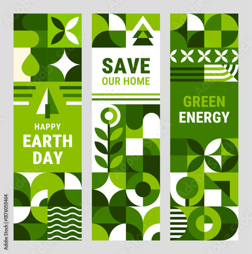 Environment ecology banners with green geometric pattern, vector backgrounds. Green energy, Save Our Home Planet and Happy Earth Day banners with geometric pattern for ecology environment conservation