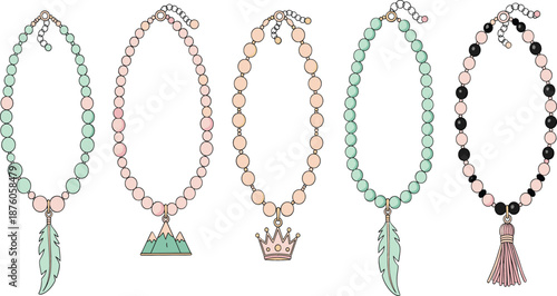 Elegant handmade bead necklace collection with various pendants including feather crown and mountain charms in pastel colors for boho fashion jewelry branding