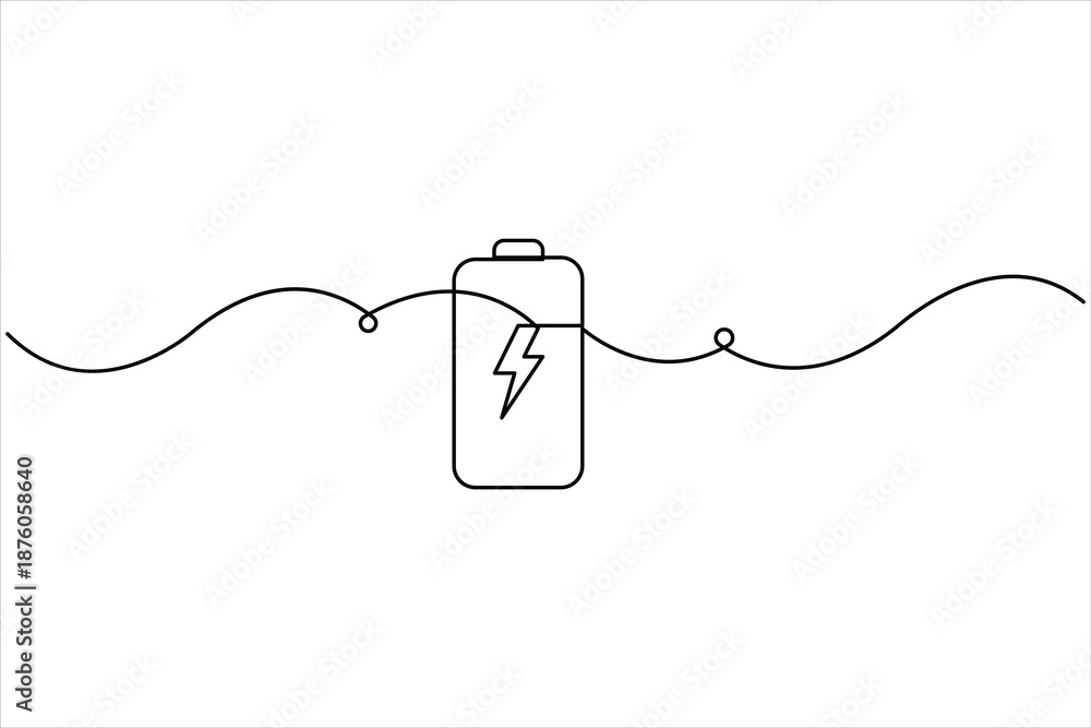 Obraz premium Continuous one line art drawing of battery with bolt sign design vector illustration