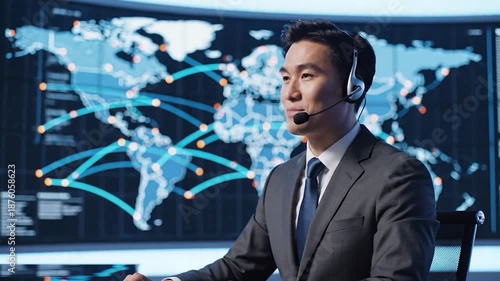 Asian man, suit, headset, global network map with connecting lines and data points