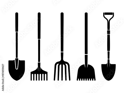 Garden tools set with shovel fork and gardening utensils isolated on white background