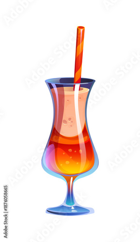 Cartoon icon of tall cocktail glass exotic mixed drink in vivid red, orange and golden layers and striped straw. Tropical drink or alcohol beverage icon. Vector fruity juice beverage for beach party
