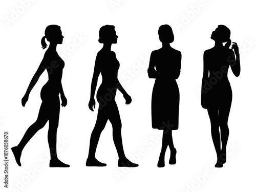 Silhouettes of women and girls in vector style showing fashion poses and group figures