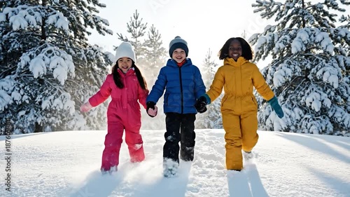 Joyful kids holding hands in snowsuits, walking through a sunny winter wonderland