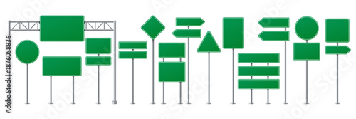 Street road traffic signs. Vector green highway signboards on metallic poles, including rectangles, circles, arrows, and triangles road signs isolated on white. Outdoor road signs template