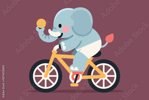 Cartoon blue elephant riding yellow bicycle with diaper and holding yellow ball on maroon background.