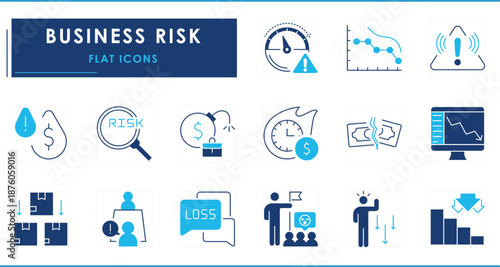 A set of flat icons related to business risk. Risk, loss, disaster, dissolve, poor leadership, market crash, low product, and so on.