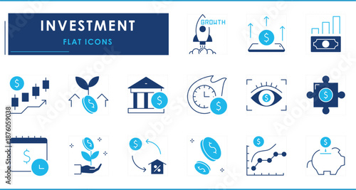 A set of flat icons related to Investment. Money, time, growth, vision, saving, annual, real estate, and so on.