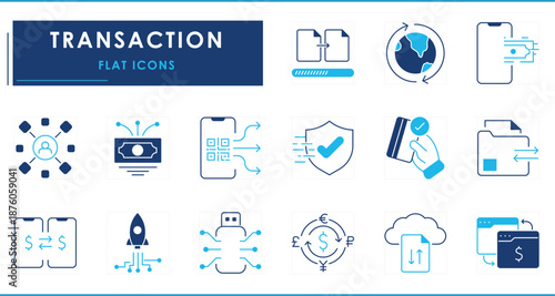 A set of flat icons related to transaction. Money, international, file, digital, currency, startup, secured, worldwide, and so on.