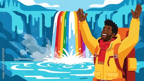 Adventurous Traveler Finds Joy At The Foot Of A Vibrant Rainbow Waterfall During Exploration