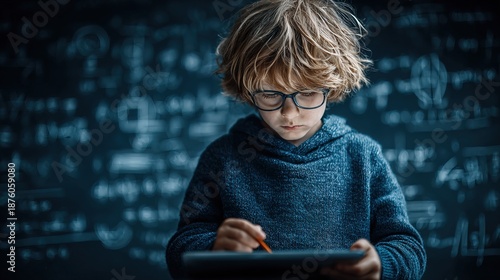 Focused Young Student with Tablet Device Studying Math in Classroom