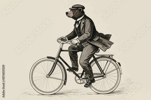 Vintage style cartoon bear in suit riding bicycle with flowing coat in monochrome engraving look.