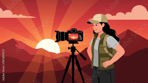 Adventurous Woman Capturing Golden Sunset Mountain Landscape Photography On Holiday Trip