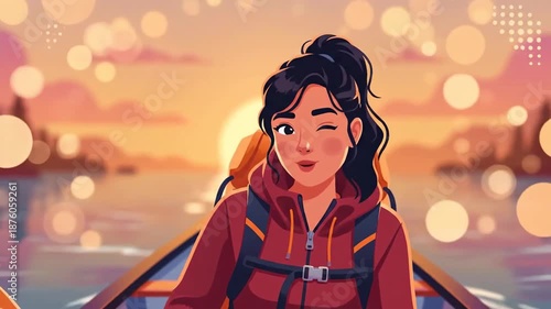 Adventurous Woman Capturing Pictures Of Serene Lake Scenery At Sunrise With Camera On Canoe