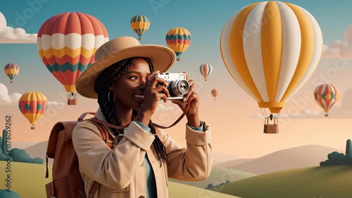 Adventurous Woman Capturing Hot Air Balloons With Camera On Picturesque Landscape For Travel Content