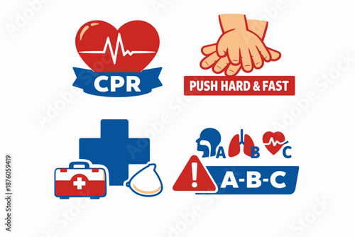CPR and First Aid Icons Heart Hands Cross and ABC.