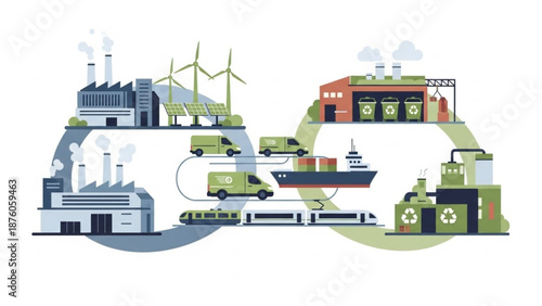 Sustainable Supply Chain with Green Transportation and Eco Industry illustration