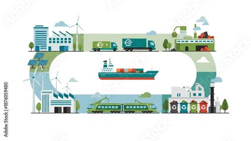 Circular Economy Concept with Recycling, Industry and Transportation illustration