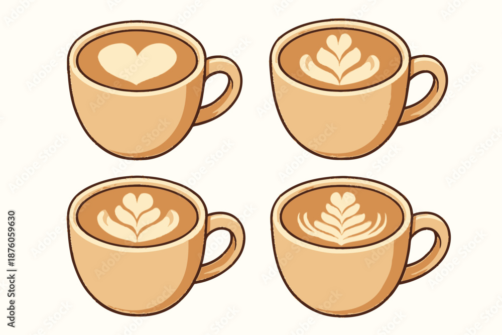 Obraz premium Latte Art Collection Heart and Leaf Designs in Coffee Cups.