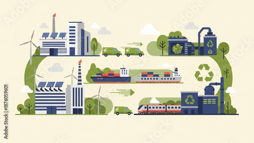 Eco Friendly Transportation Network with Train, Truck and Cargo Ship illustration