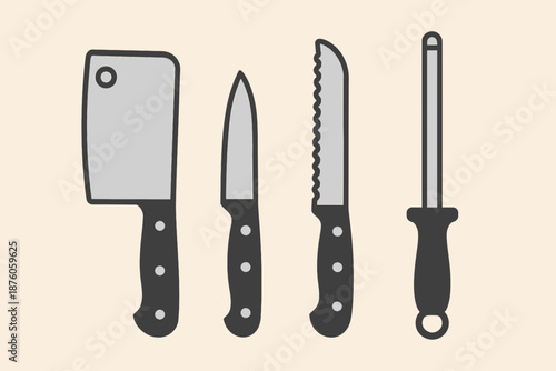 Kitchen Knives Set Cleaver Paring Bread and Sharpening Steel.