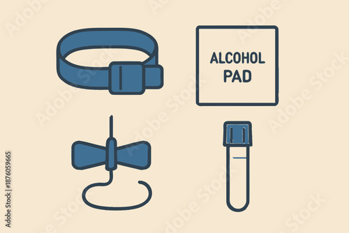 Phlebotomy Equipment Tourniquet Alcohol Pad Butterfly Needle and Blood Collection Tube.